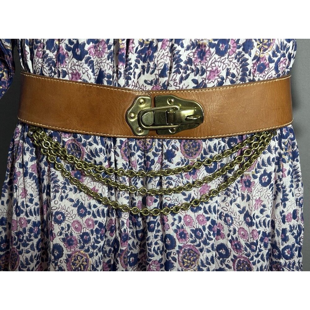 Vintage DKNY Leather Belt Brass Flip Lock & Multi Chains Boho Wide Belt